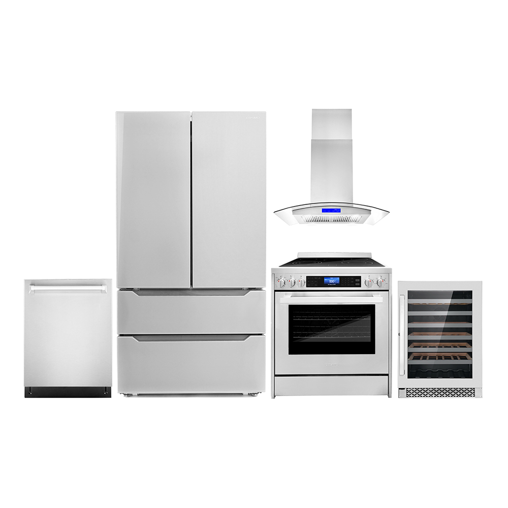Cosmo 5 Piece Kitchen Appliance Packages with 30" Freestanding Electric Range 30" Island Range Hood 24" Built-in Fully Integrated Dishwasher French Door Refrigerator & 48 Bottle Wine Refrigerator