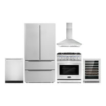 Cosmo 5 Piece Kitchen Appliance Packages with 30" Freestanding Gas Range 30" Wall Mount 24" Built-in Fully Integrated Dishwasher French Door Refrigerator & 48 Bottle Wine Refrigerator