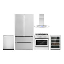 Cosmo 5 Piece Kitchen Appliance Packages with 36" 220/240V Dual Fuel Range 36" Island Range Hood 24" Built-in Fully Integrated Dishwasher French Door Refrigerator & 48 Bottle Wine Refrigerator