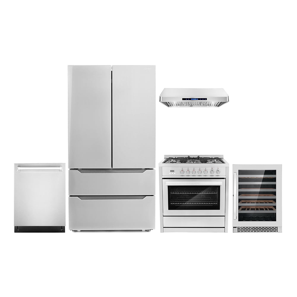 Cosmo 5 Piece Kitchen Appliance Packages with 36" 220/240V Dual Fuel Range 36" Under Cabinet Range Hood 24" Built-in Fully Integrated Dishwasher French Door Refrigerator & 48 Bottle Wine Refrigerator