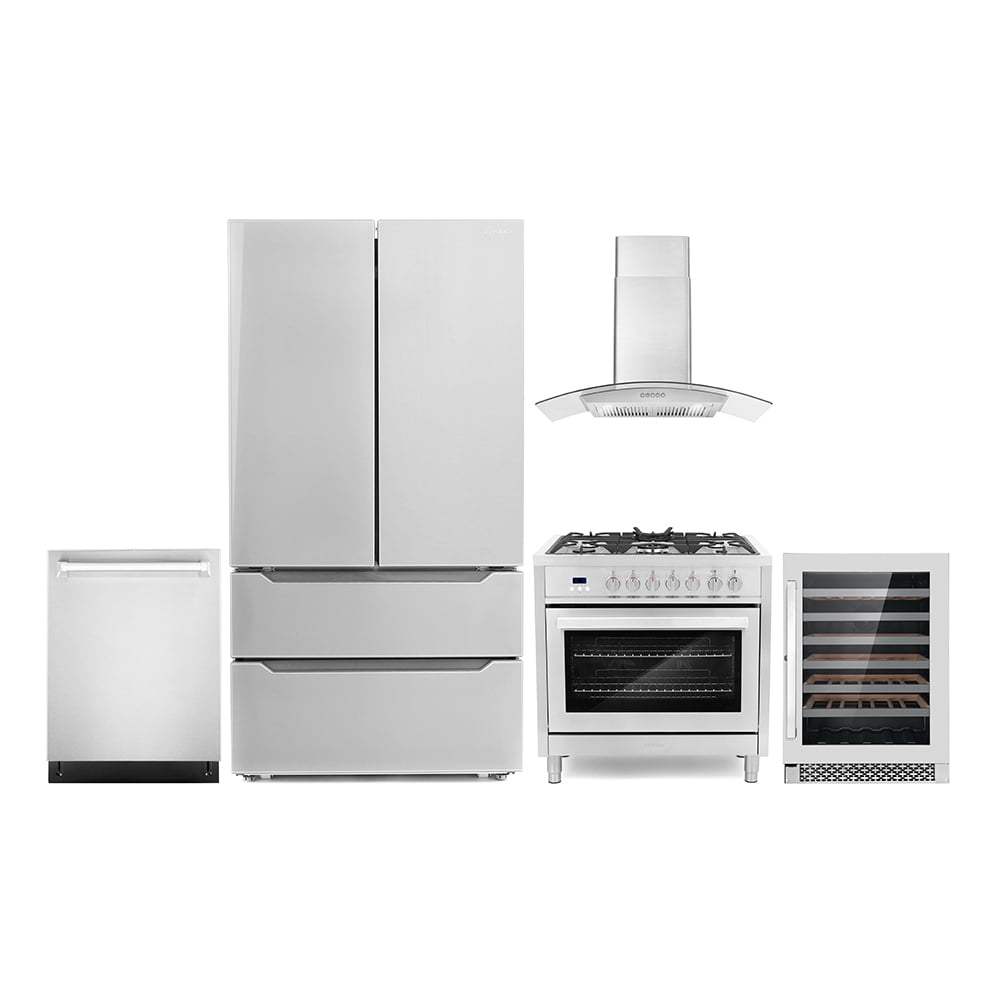Cosmo 5 Piece Kitchen Appliance Packages with 36" 220/240V Dual Fuel Range 36" Wall Mount Range Hood 24" Built-in Fully Integrated Dishwasher French Door Refrigerator & 48 Bottle Wine Refrigerator