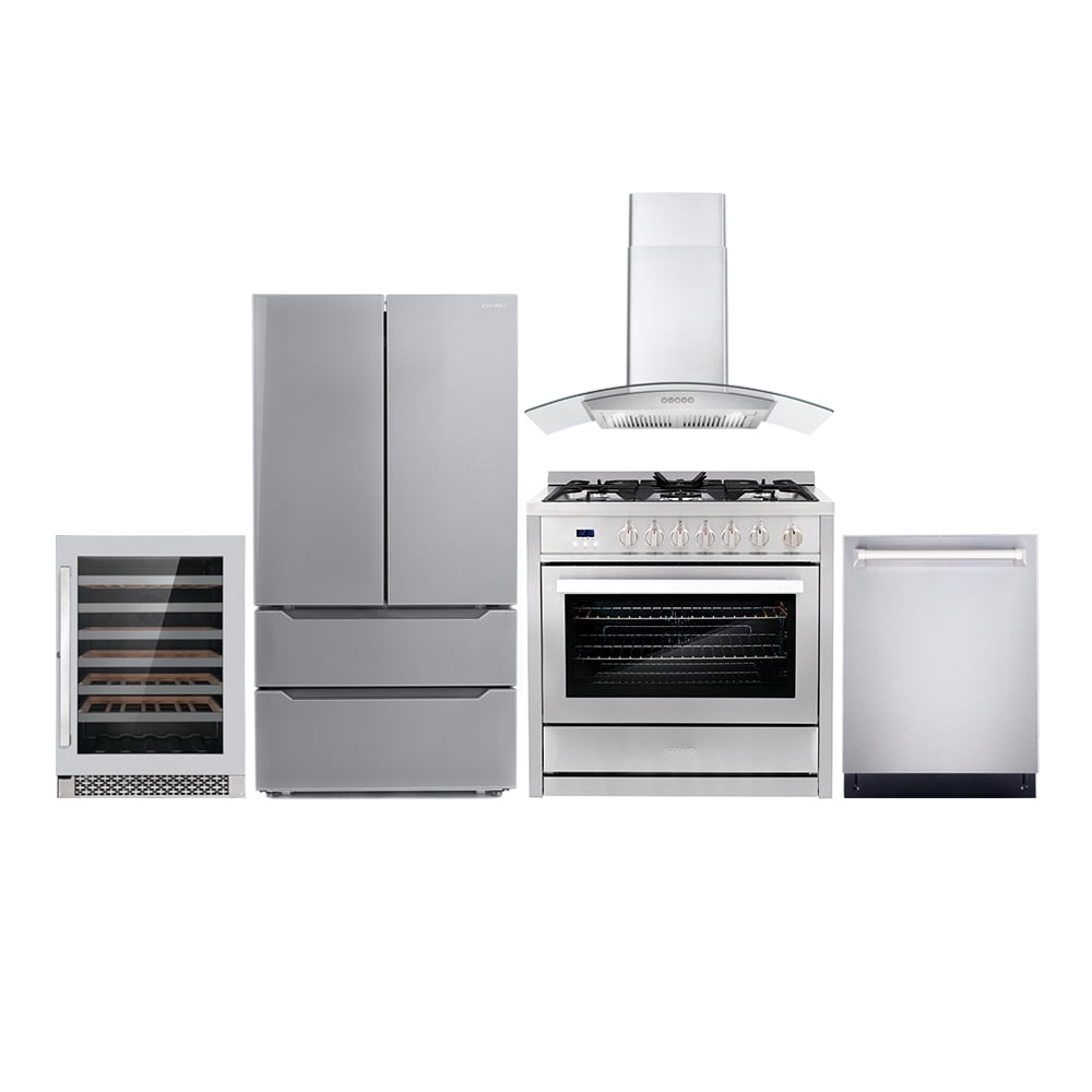 Cosmo 5 Piece Kitchen Appliance Packages with 36" Freestanding Gas Range 36" Wall Mount Range Hood 24" Built-in Fully Integrated Dishwasher French Door Refrigerator & 48 Bottle Wine Refrigerator