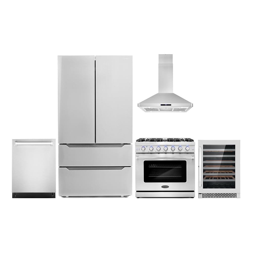 Cosmo 5 Piece Kitchen Appliance Packages with 36" Freestanding Gas Range 36" Island Range Hood 24" Built-in Fully Integrated Dishwasher French Door Refrigerator & 48 Bottle Wine Refrigerator
