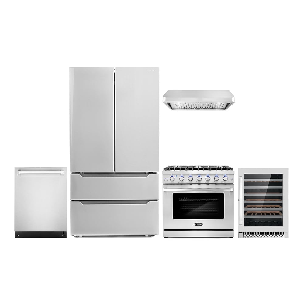 Cosmo 5 Piece Kitchen Appliance Packages with 36" Freestanding Gas Range 36" Under Cabinet 24" Built-in Fully Integrated Dishwasher French Door Refrigerator & 48 Bottle Wine Refrigerator