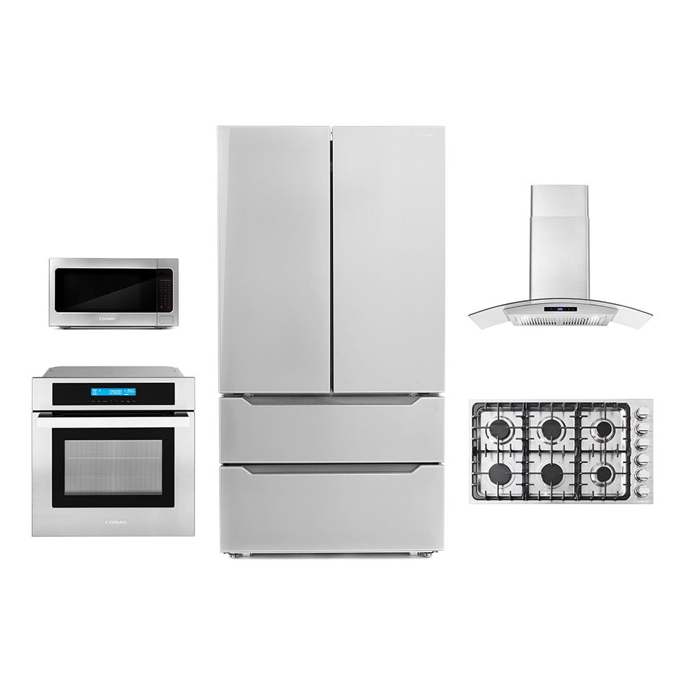 Cosmo 5 Piece Kitchen Package With 30" Gas Cooktop 30" Single Electric Wall Oven 24.4" Countertop Microwave French Door Refrigerator & 24" Built-in Fully Integrated Dishwasher
