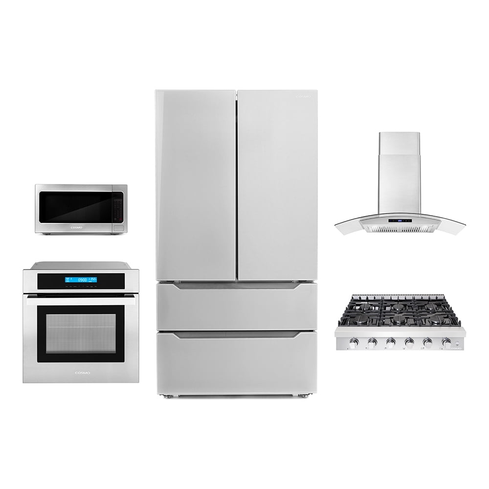 Cosmo 5 Piece Kitchen Package With 30" Slide-In Gas Cooktop 30" Single Electric Wall Oven 24.4" Countertop Microwave French Door Refrigerator & 24" Built-in Fully Integrated Dishwasher