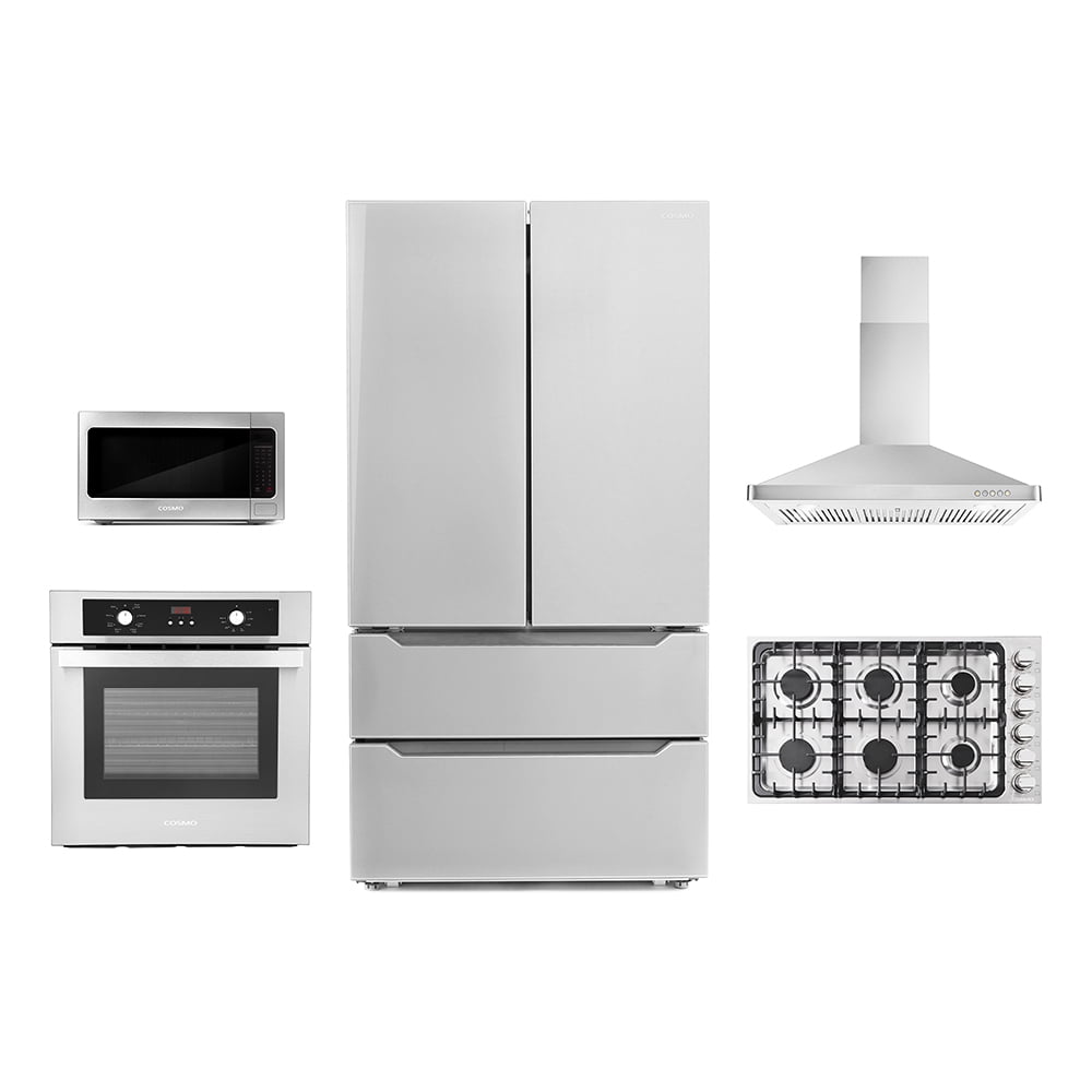 Cosmo 5 Piece Kitchen Package With 36" Gas Cooktop 24" Single Electric Wall Oven 24.4" Countertop Microwave French Door Refrigerator & 24" Built-in Fully Integrated Dishwasher
