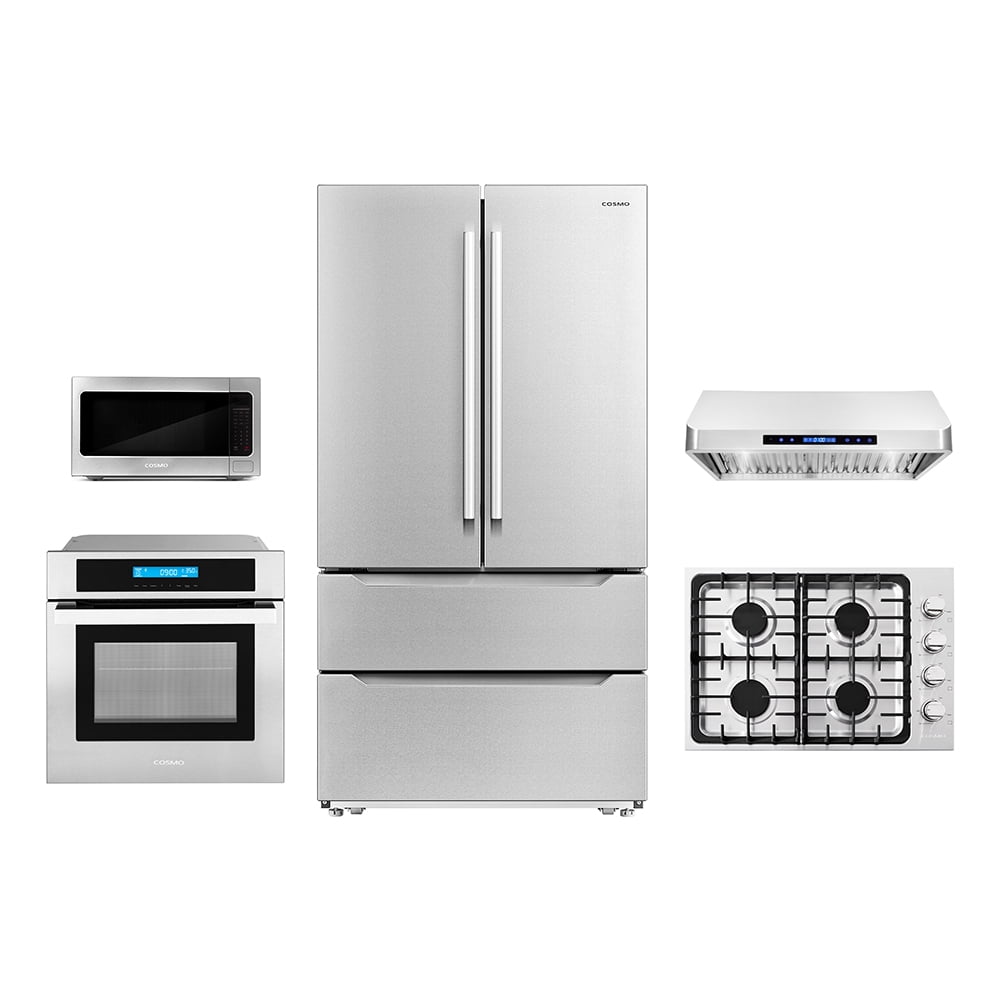 Cosmo 5 Piece Kitchen Package With 36" Gas Cooktop 24" Single Electric Wall Oven24.4" Countertop Microwave French Door Refrigerator & 24" Built-in Fully Integrated Dishwasher