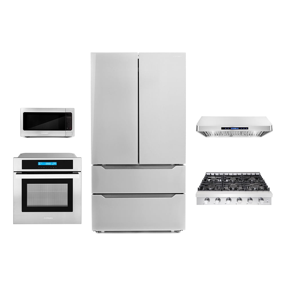 Cosmo 5 Piece Kitchen Package With 36" Slide-In Gas Cooktop 30" Single Electric Wall Oven 24.4" Countertop Microwave French Door Refrigerator & 24" Built-in Fully Integrated Dishwasher