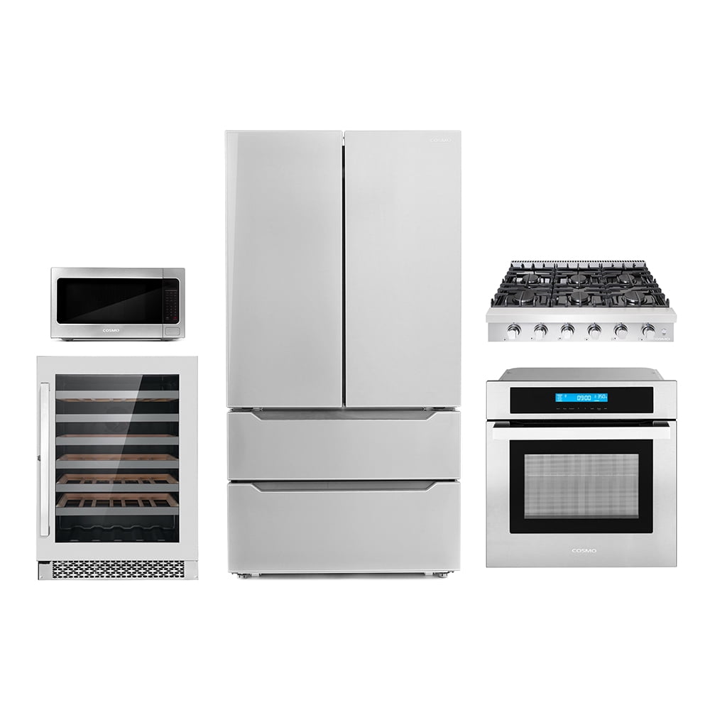 Cosmo 5 Piece Kitchen Package With 36" Slide-In Gas Cooktop 30" Wall Mount Range Hood 24" Single Electric Wall Oven 24.4" Countertop Microwave & French Door Refrigerator