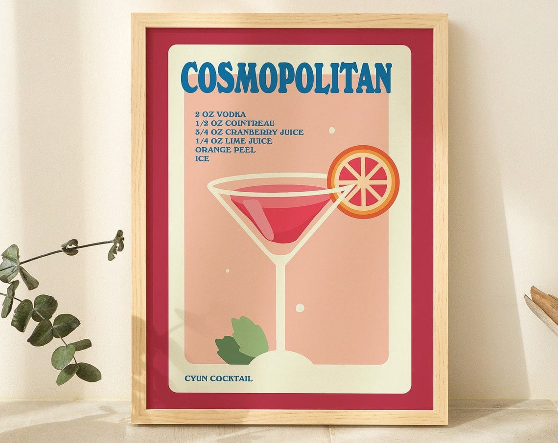 Cosmo Alcohol Poster, Minimalist Cosmopolitan Print, Kitchen Bar Decor ...