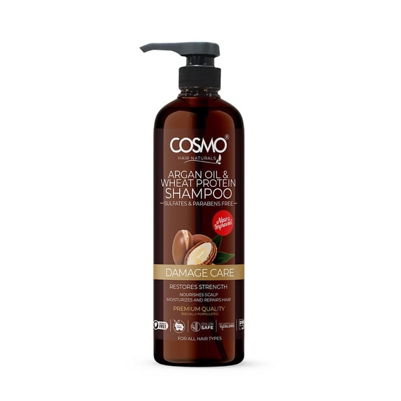 Cosmo Hair Care Damage Care Argan Oil & Wheat Protein Shampoo 1000ml - 33.8 fl. Oz, Moisturizer & Repair Hair, Sulfates & Parabens Free, Hair Shampoos, For Men & Women, For All Hair Types