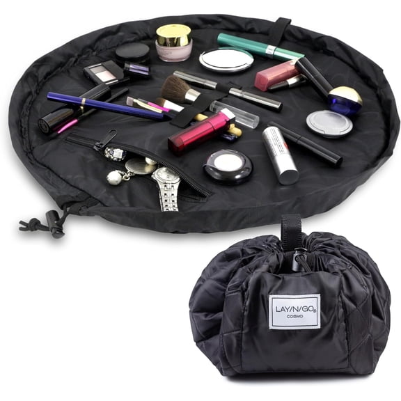 Cosmo Layflat Drawstring Cosmetic & Makeup Bag Organizer - Portable w/Zipper Pocket, Loops More Durable, Machine Washable Toiletry for Travel (20", Black)