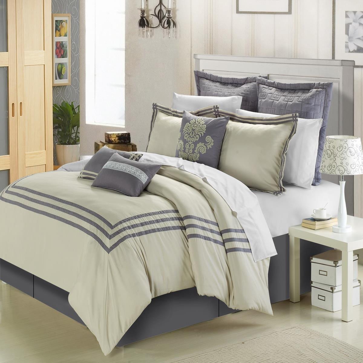 Cosmo Silver Beige 12 Piece Comforter Bed In A Bag Set With Sheet Set