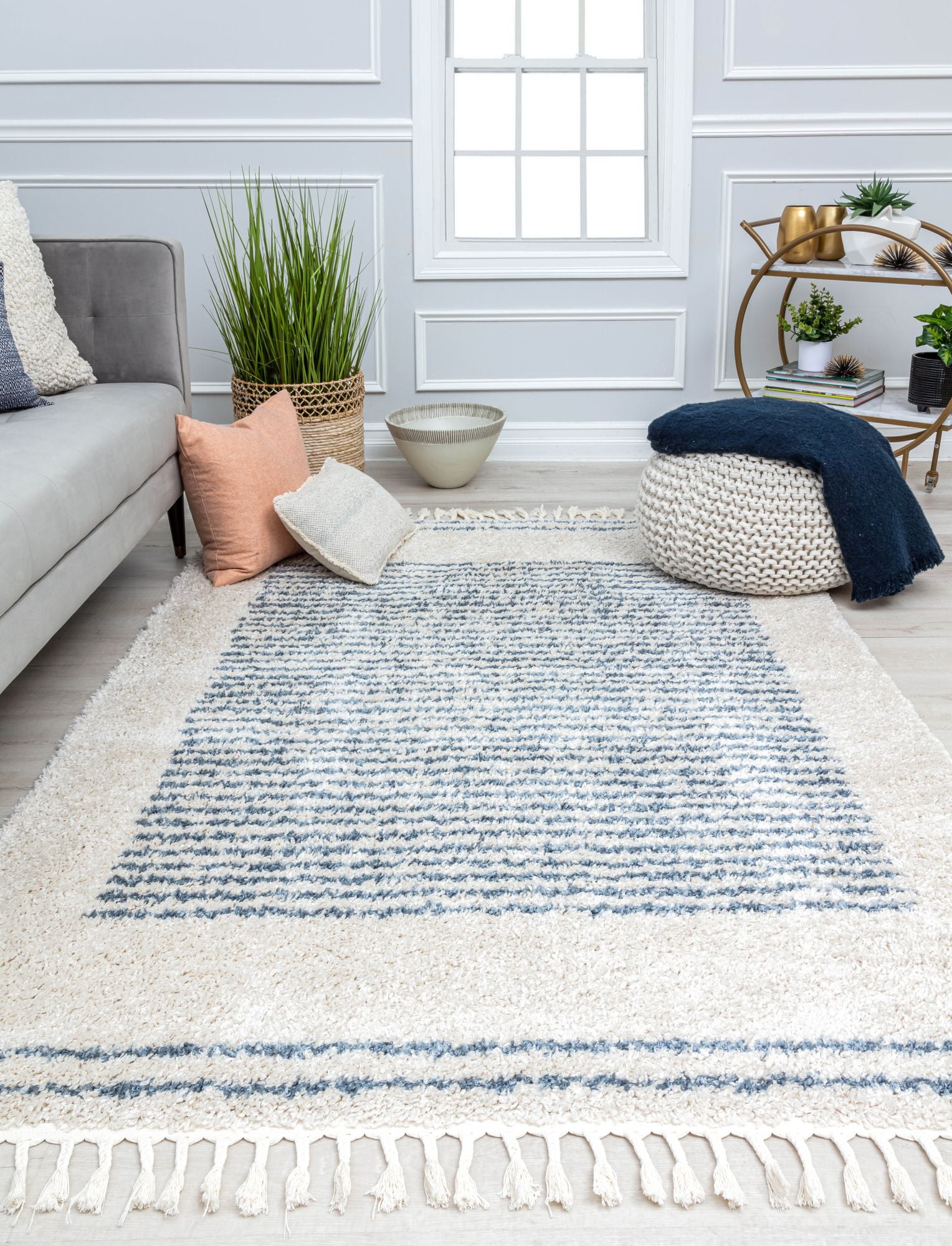 Rugs America BT35B Ice Frost Stripe Shag White Area Rug, 2'6" x 4'