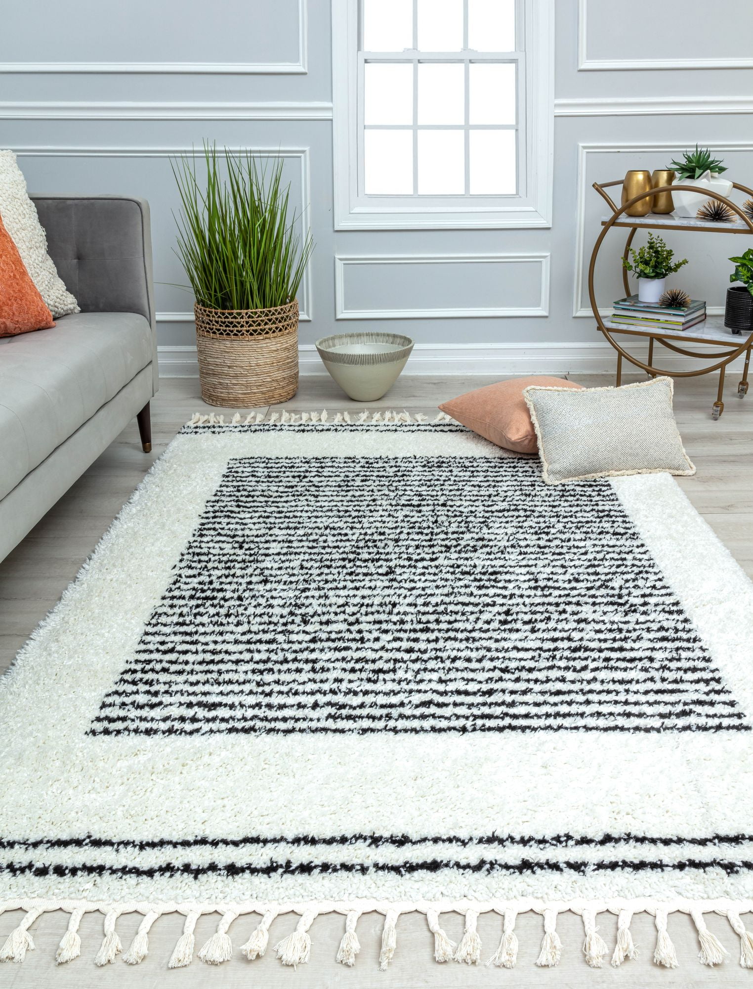 Rugs America BT35D Snow Veil Stripe Shag White Area Rug, 2'6" x 8'