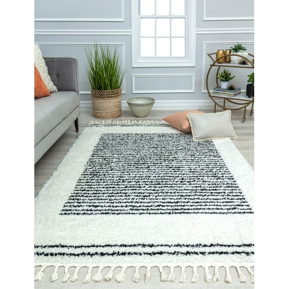 Rugs America BT35D Snow Veil Stripe Shag White Area Rug, 2'6" x 8'