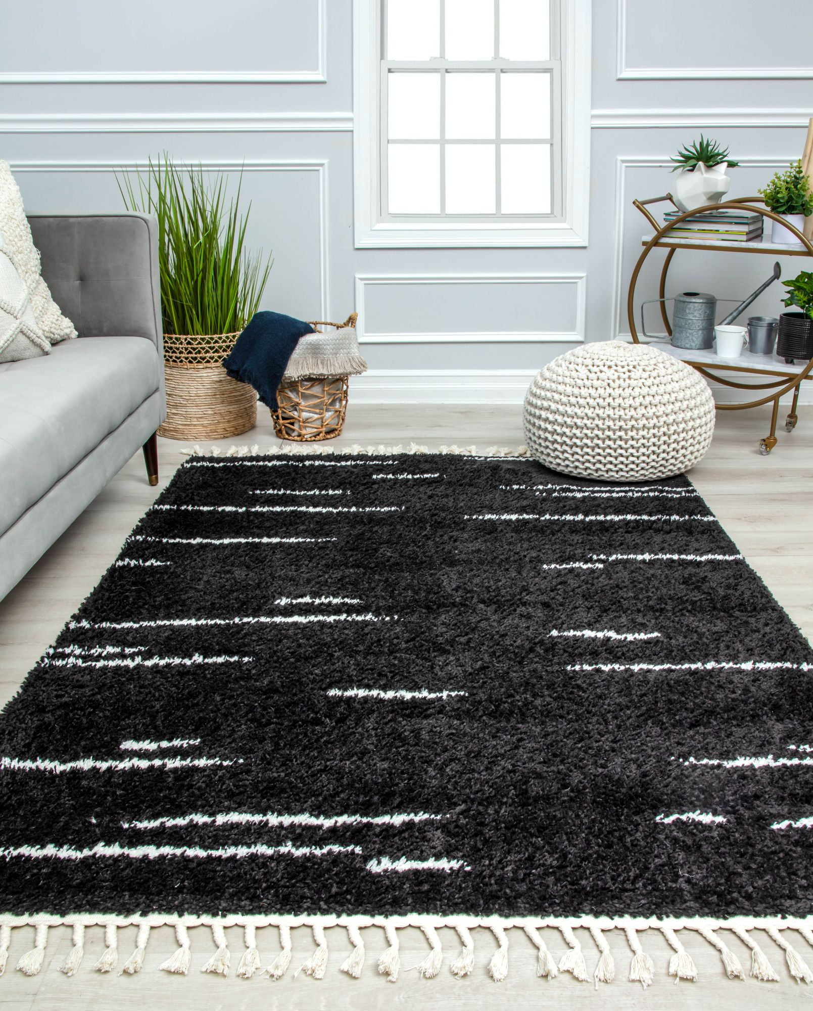 Rugs America BT40A Introspective Black Abstarct Shag Black Area Rug, 2'6" x 8'
