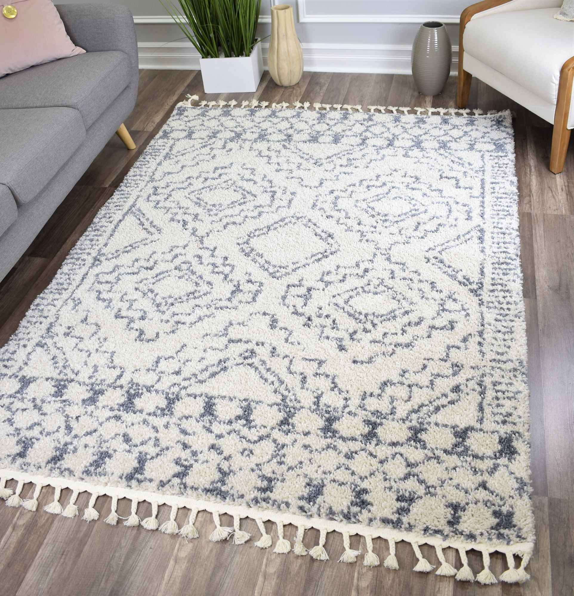 Rugs America Moon Collection MS40B Moroccan Tribal Linen White Area Rug, 5'0"x7'0"