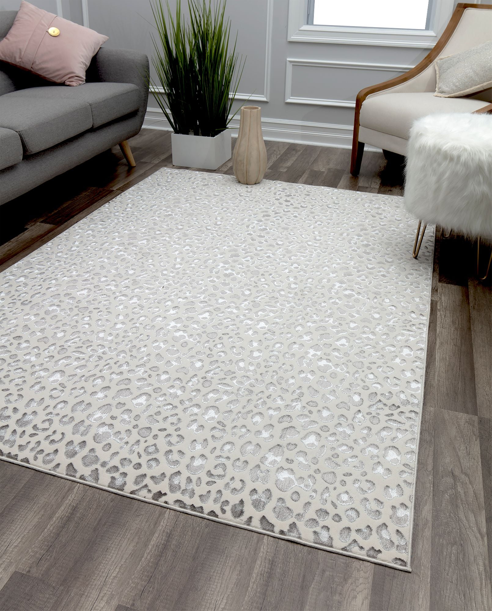 Rugs America Natura HZ50A Snow Leopard Animal Contemporary White Area Rug, 9'x12'
