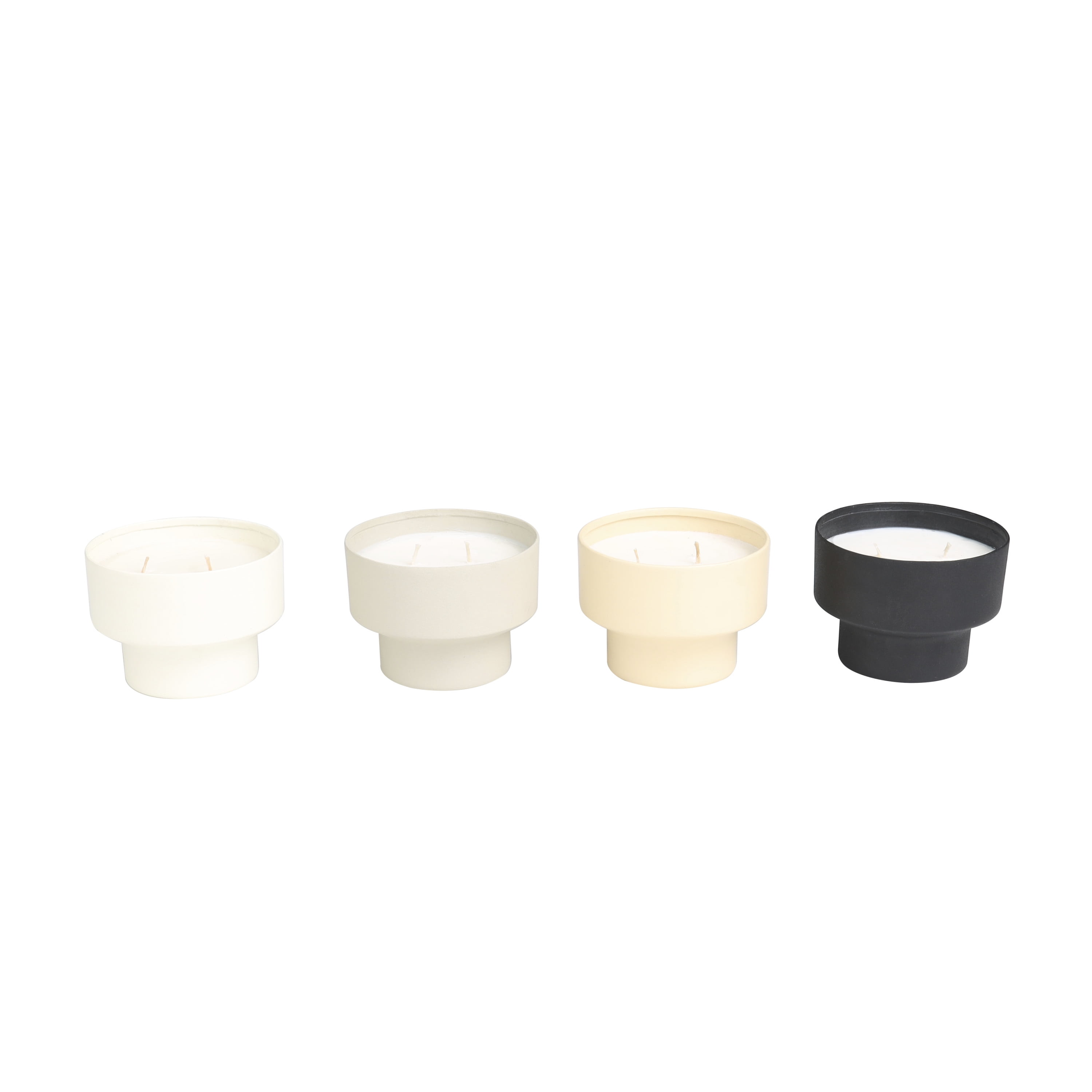 CosmoLiving by Cosmopolitan 4 Holder Multi Colored Metal Egyptian Mint, Mediterranean Fig, Sauvignon Blanc, and Vanilla Marshmallow Scented Matte 15 oz 2 Wick Candle with White Wax, (Set of 4)