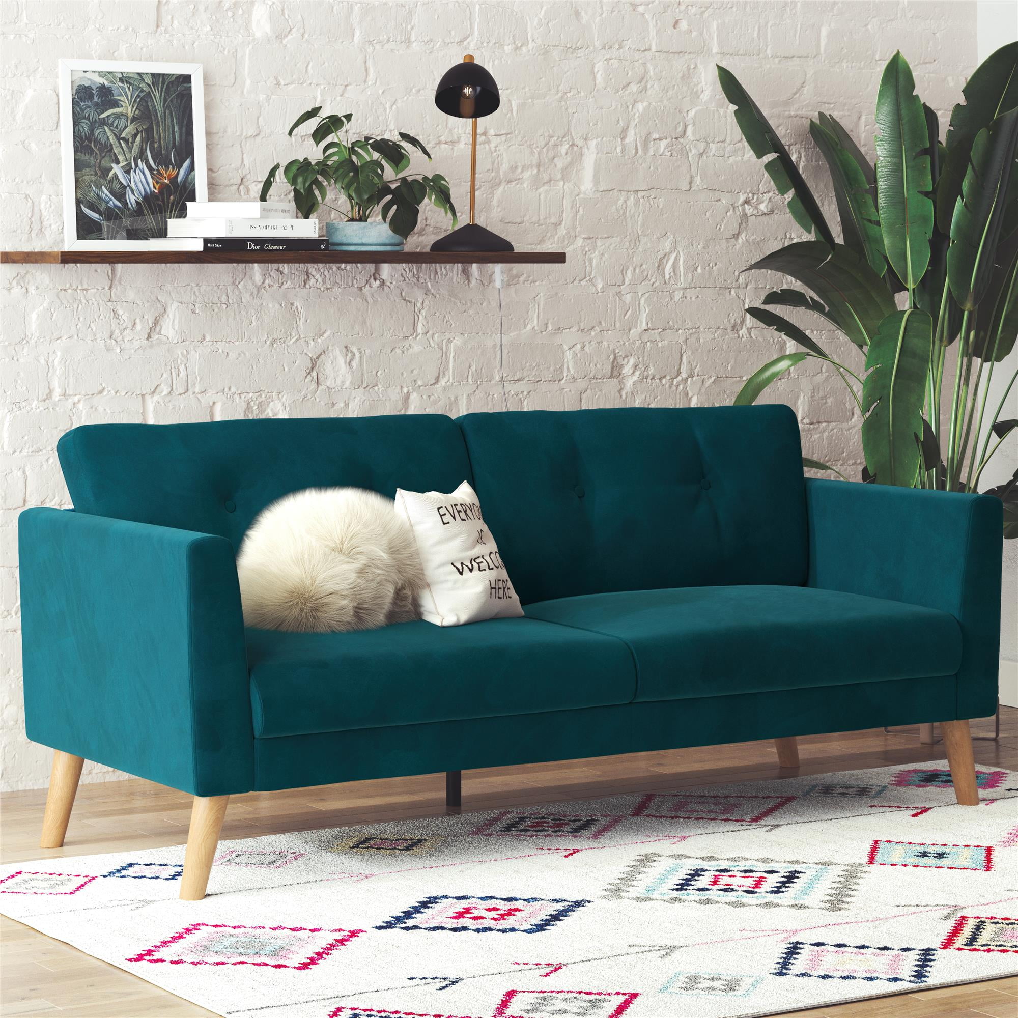 Mid-Century Boho Glam Blue Velvet Tufted Sofa