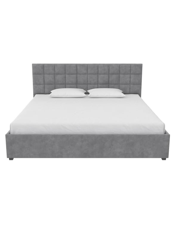 CosmoLiving Serena Upholstered Bed with Drawers, Bedroom Storage, King, Light Gray Velvet