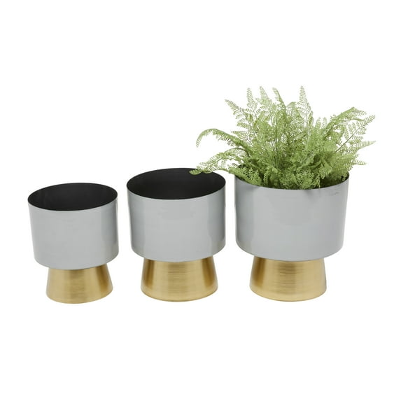 CosmoLiving by Cosmopolitan 11", 10", 9"H Gray Metal Planter with Gold Base (3 Count)