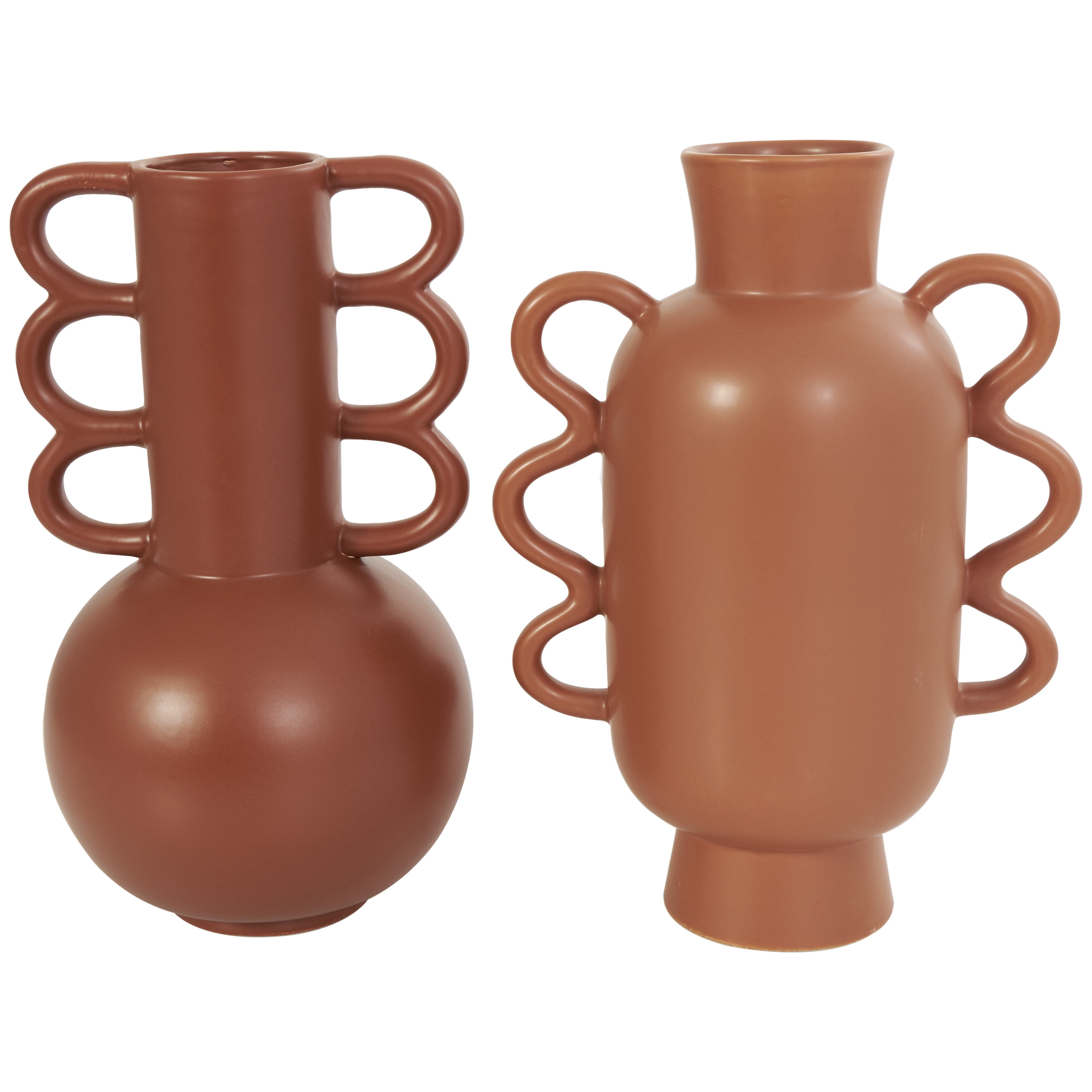 CosmoLiving by Cosmopolitan 11", 12"H Orange Ceramic Vase with Varying Shapes and Wavy Handles, Set of 2