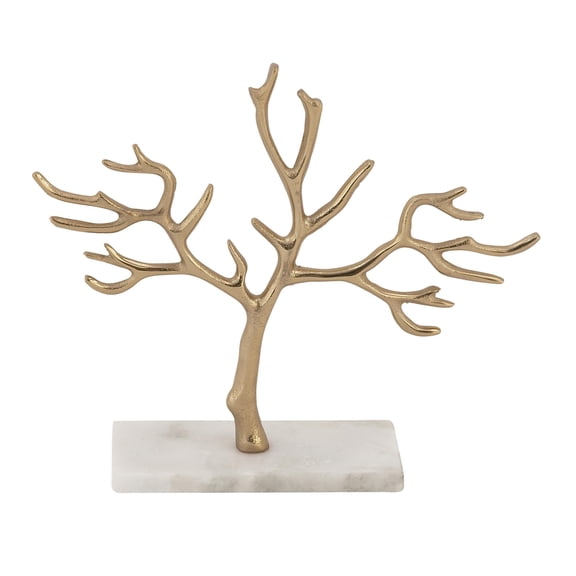 CosmoLiving by Cosmopolitan 12" x 10" Gold Marble Tree Jewelry Stand with Rectangular Base, 1-Piece