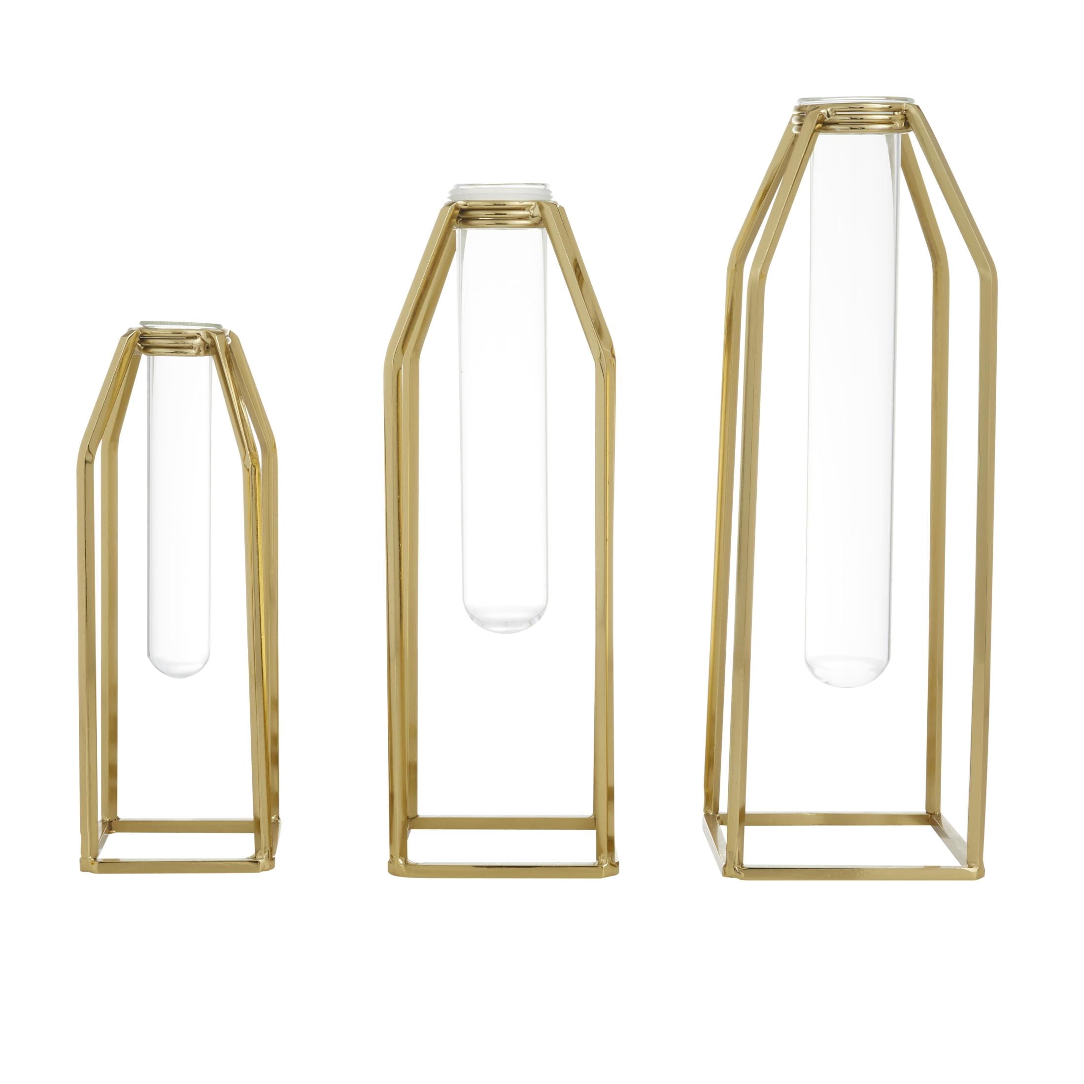 CosmoLiving by Cosmopolitan 13", 12", 9"H Test Tube Gold Stainless Steel Metal Vase, Set of 3
