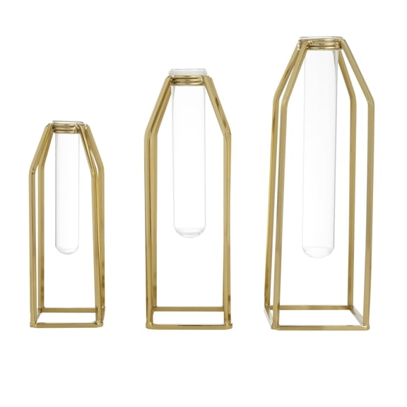 CosmoLiving by Cosmopolitan 13", 12", 9"H Test Tube Gold Stainless Steel Metal Vase, Set of 3