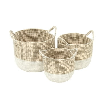 CosmoLiving by Cosmopolitan 13", 16", 18"W Brown Seagrass Handmade Two Toned Storage Basket with Handles, 3-Pieces