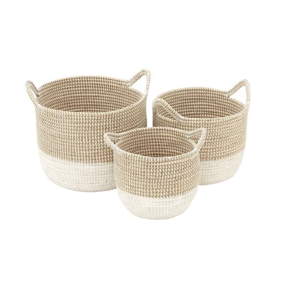 CosmoLiving by Cosmopolitan 13", 16", 18"W Brown Seagrass Handmade Two Toned Storage Basket with Handles, 3-Pieces
