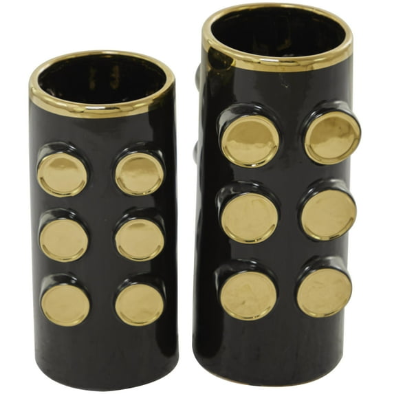 CosmoLiving by Cosmopolitan 13"W, 11"H Black Ceramic Vase with Gold Circle Accents, Set of 2
