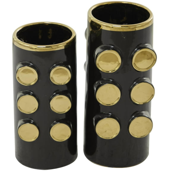 CosmoLiving by Cosmopolitan 13"W, 11"H Black Ceramic Vase with Gold Circle Accents, Set of 2