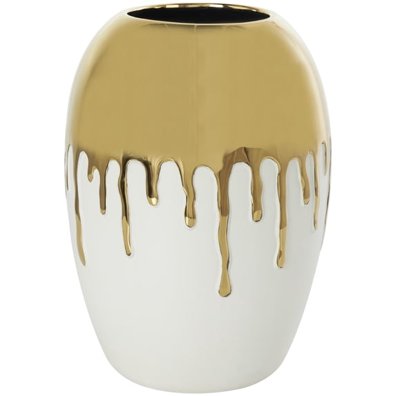 CosmoLiving by Cosmopolitan 13" Abstract White Ceramic Vase with Abstract Gold Melting Drips