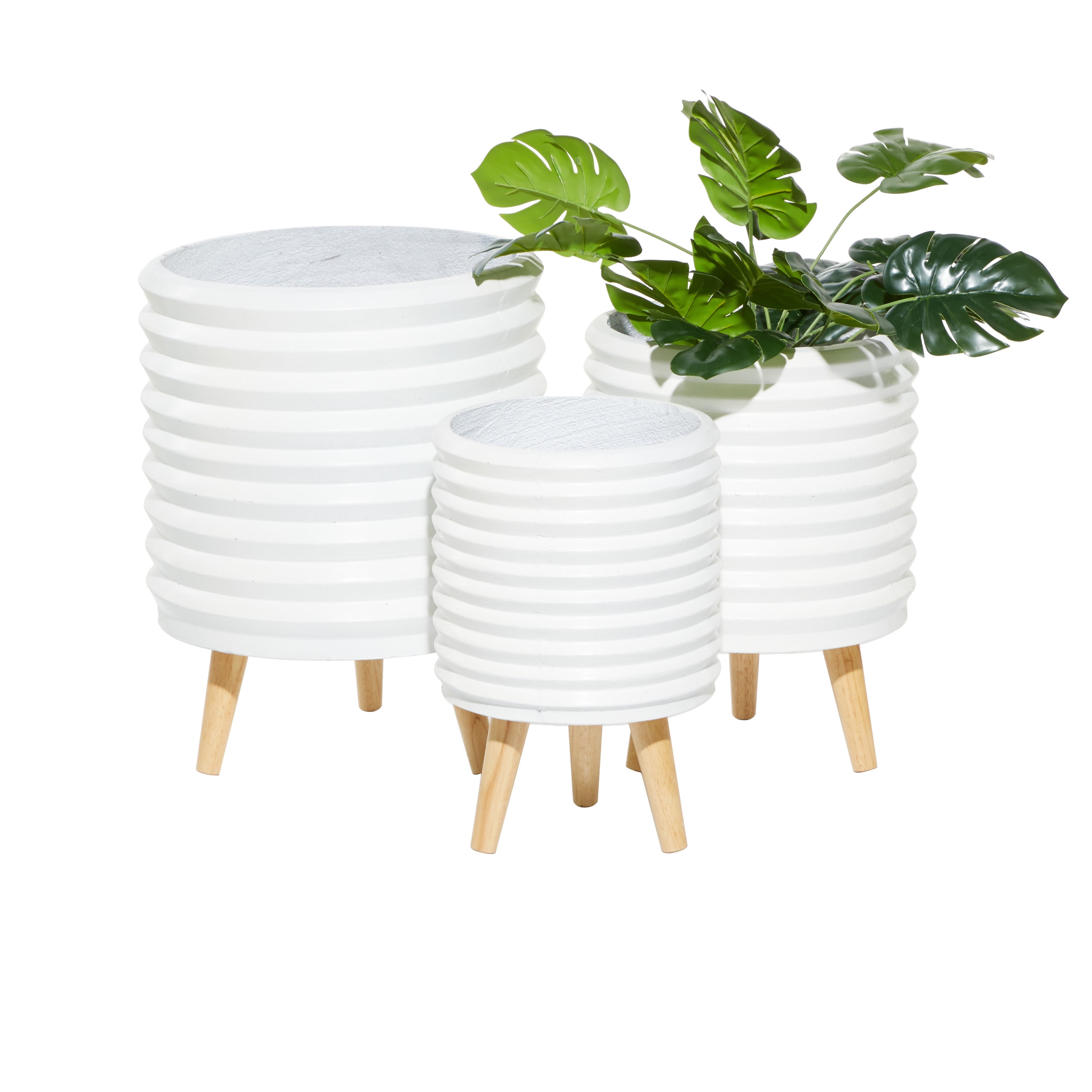 White Magnesium Oxide Round Planter Set with Wood Legs, 14", 16", 18"H