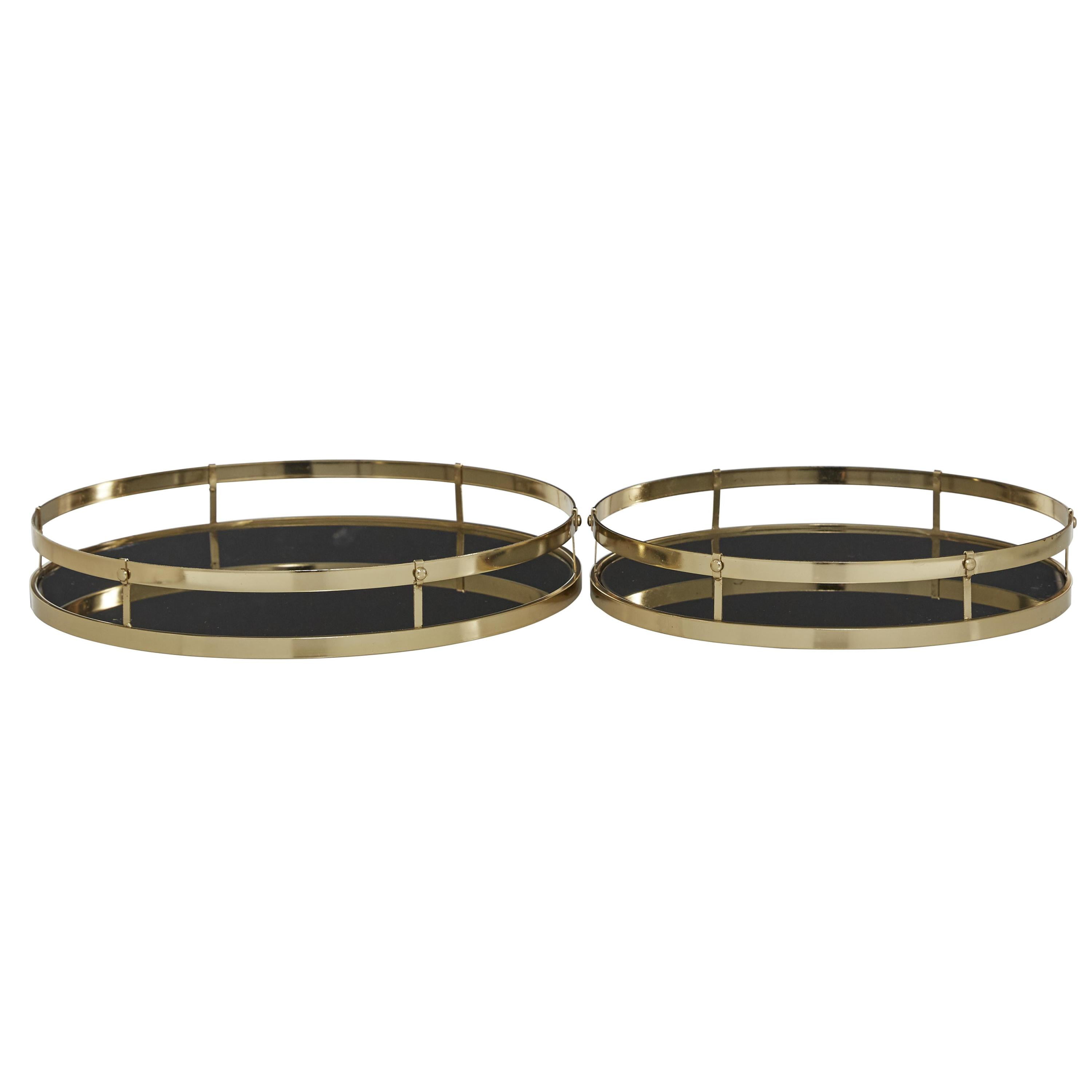 CosmoLiving by Cosmopolitan 14", 16"W Gold Metal  Tray with Black Glass, 2-Pieces