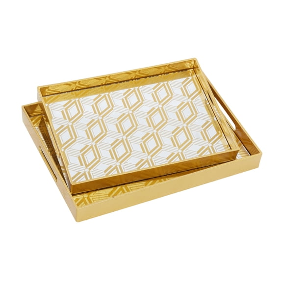CosmoLiving by Cosmopolitan 14", 16"W Gold Plastic Mirrored Geometric Tray, 2-Pieces