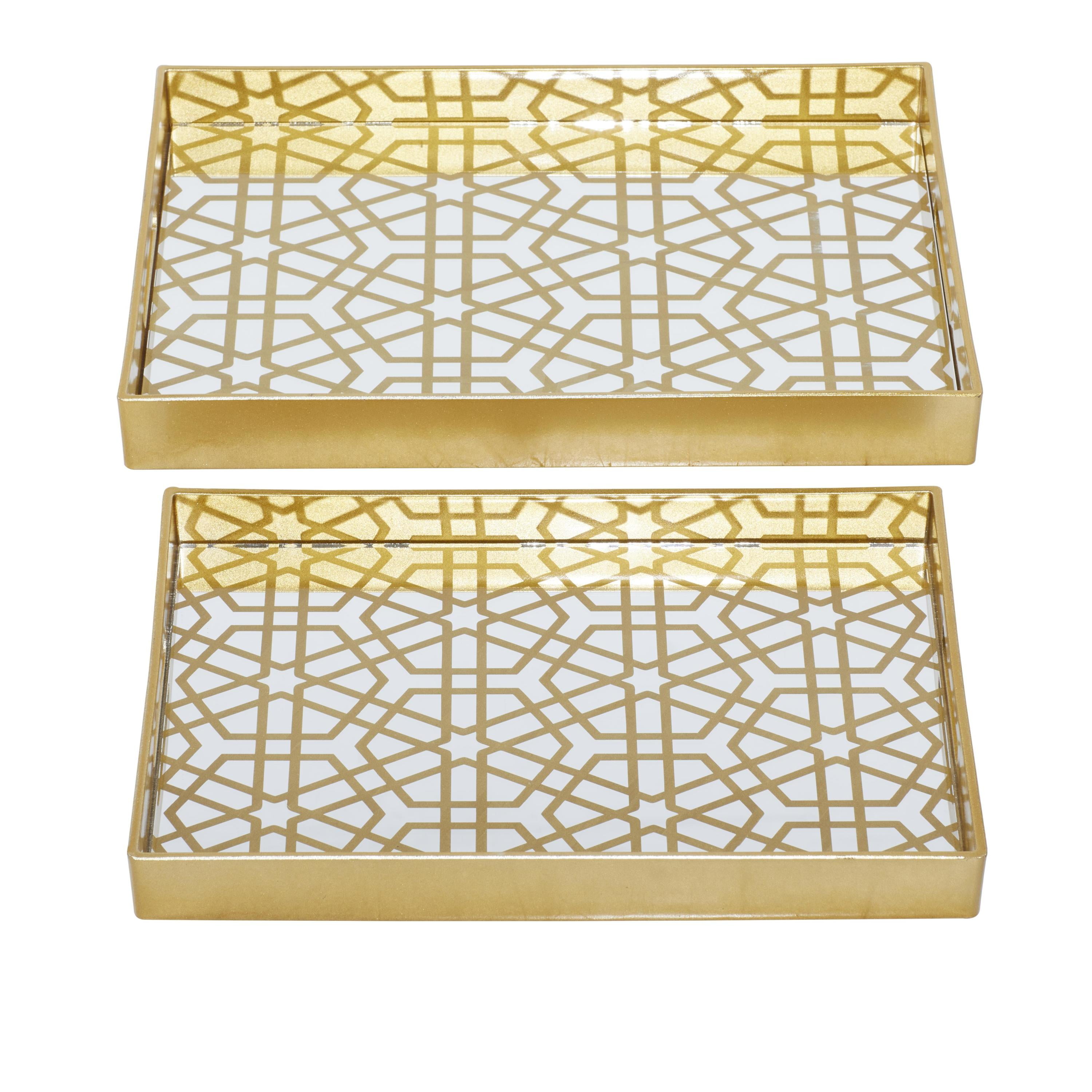 CosmoLiving by Cosmopolitan 14", 16"W Gold Plastic Mirrored Geometric Tray, 2-Pieces