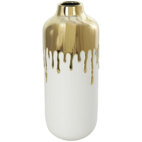 CosmoLiving by Cosmopolitan 14" Abstract White Ceramic Vase with Abstract Gold Melting Drips