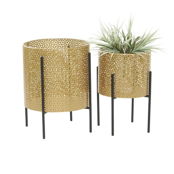 CosmoLiving by Cosmopolitan Gold Metal Floral Cutout Indoor Outdoor Planter with Removable Stand, Set of 2 15", 14"H