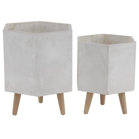 CosmoLiving by Cosmopolitan 15", 17"H Hexagon Light Gray Magnesium Oxide Geometric Planter with Brown Wooden Legs (2 Count)
