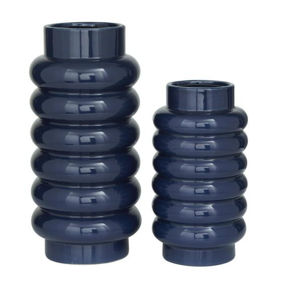CosmoLiving by Cosmopolitan 16", 12"H Dark Blue Ceramic Vase with Stacked Ring Design, Set of 2