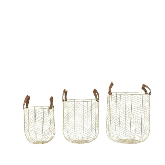 CosmoLiving by Cosmopolitan 16", 14", 12"H Gold Metal Storage Basket with Faux Leather Handles, 3-Pieces