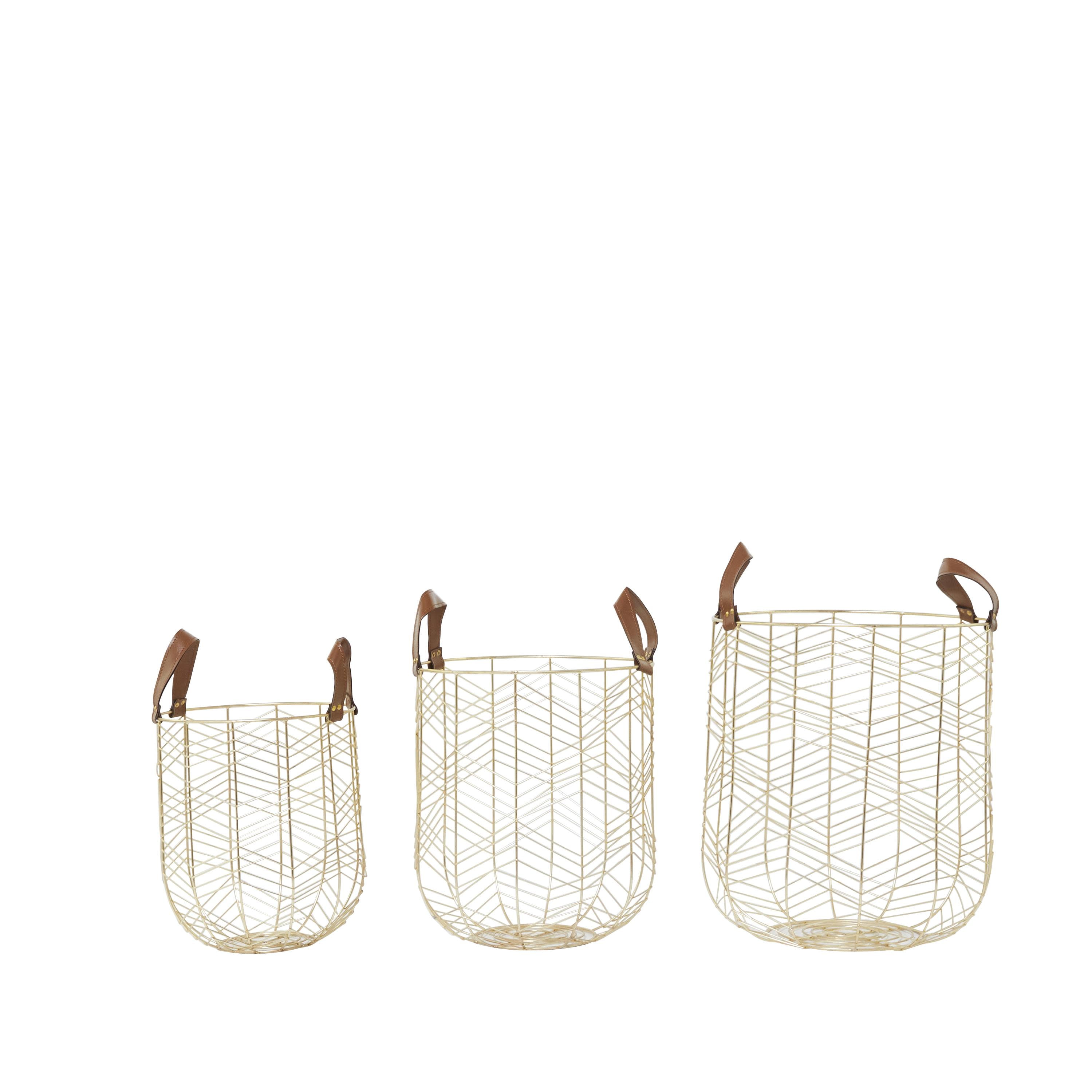 Gold Metal Round Storage Baskets with Faux Leather Handles, Set of 3