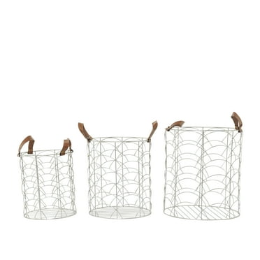 CosmoLiving by Cosmopolitan 16", 14", 12"H Silver Metal Storage Basket with Faux Leather Handles, 3-Pieces