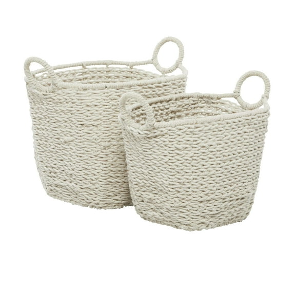CosmoLiving by Cosmopolitan 16", 18"H White Cotton Fabric Handmade Storage Basket with Handles, 2-Pieces