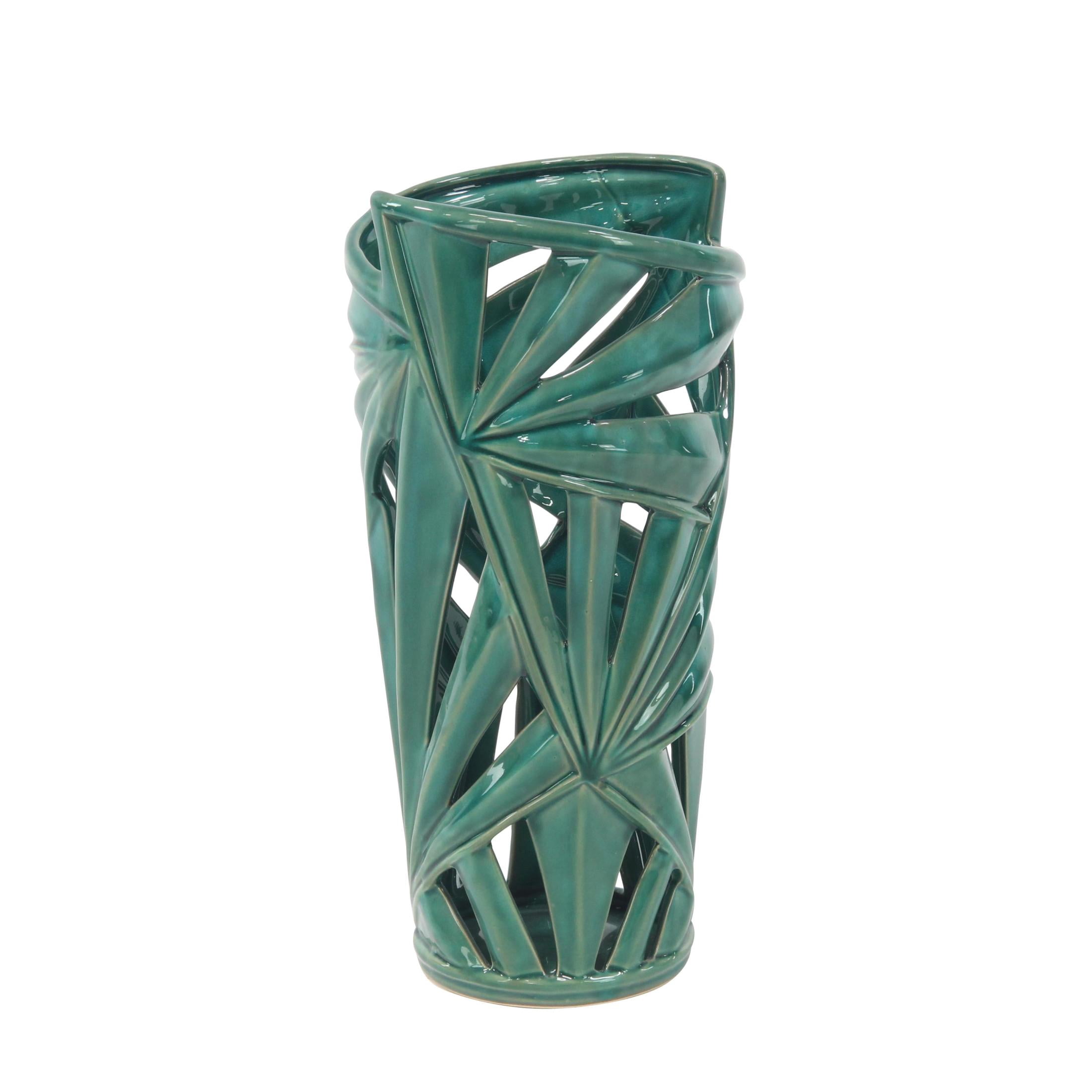 CosmoLiving by Cosmopolitan 16" Leaf Green Ceramic Vase with Cut Out Deign